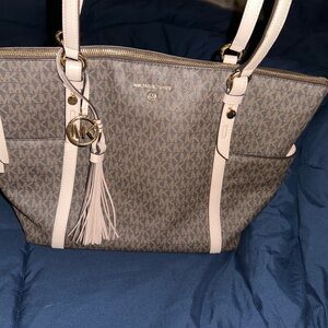 Michael Kors brown and light pink/Cream Signature Tote